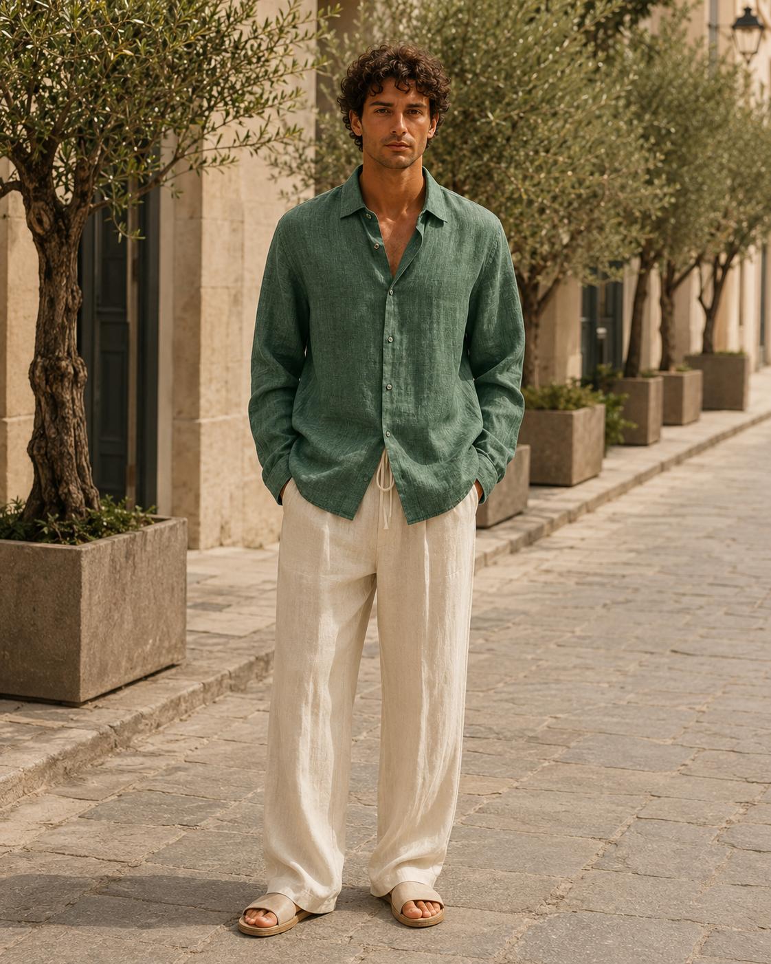 Camisa casual de manga larga - 2-verde-oliva