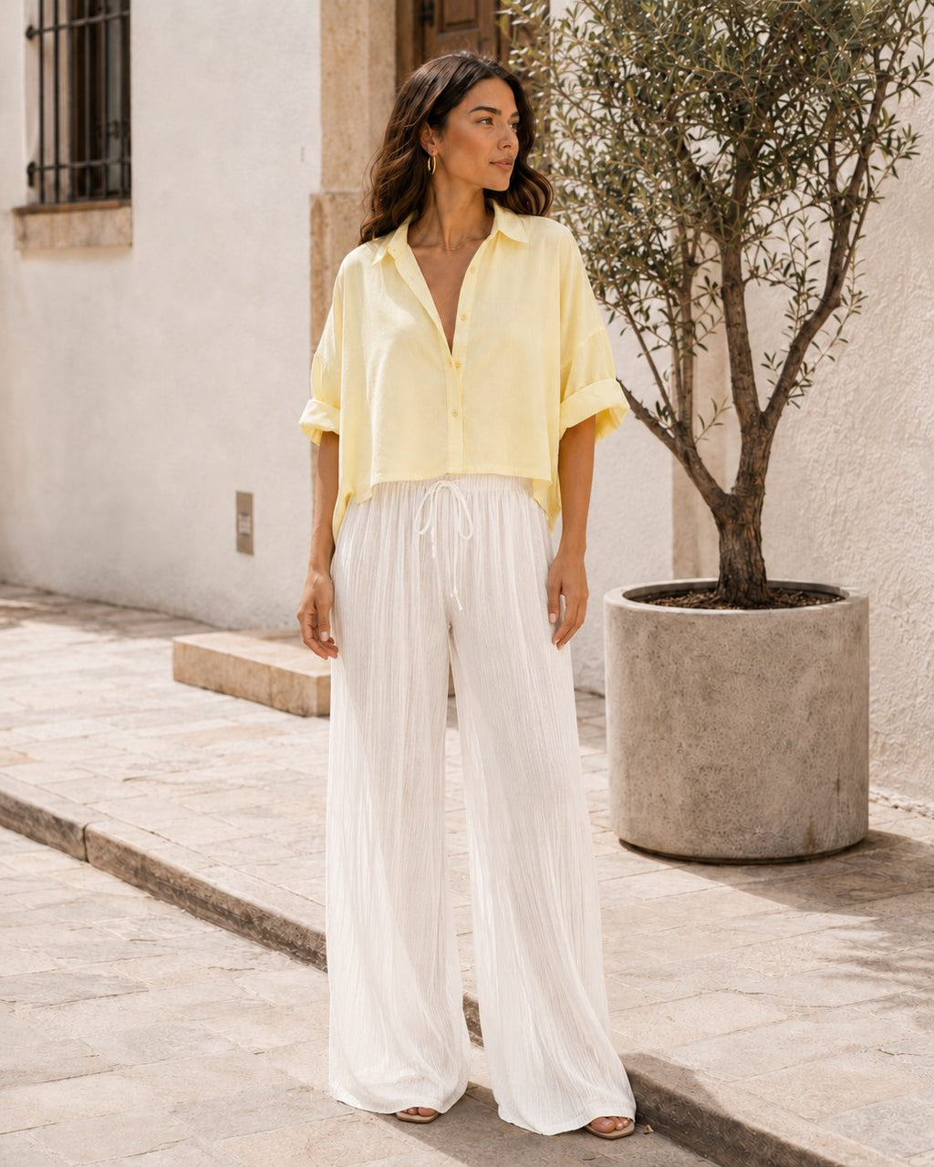 Pantalón ancho plisado bohemio - 2-amarillo
