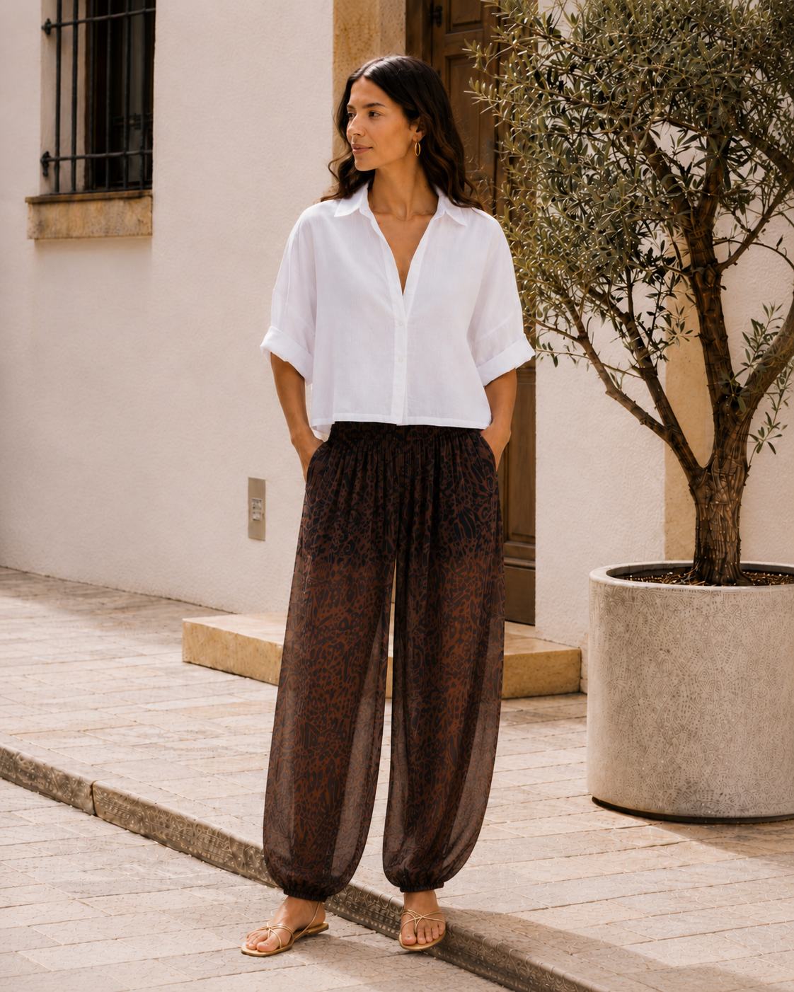 Pantalón ancho plisado con estampado animal - 1-blanco